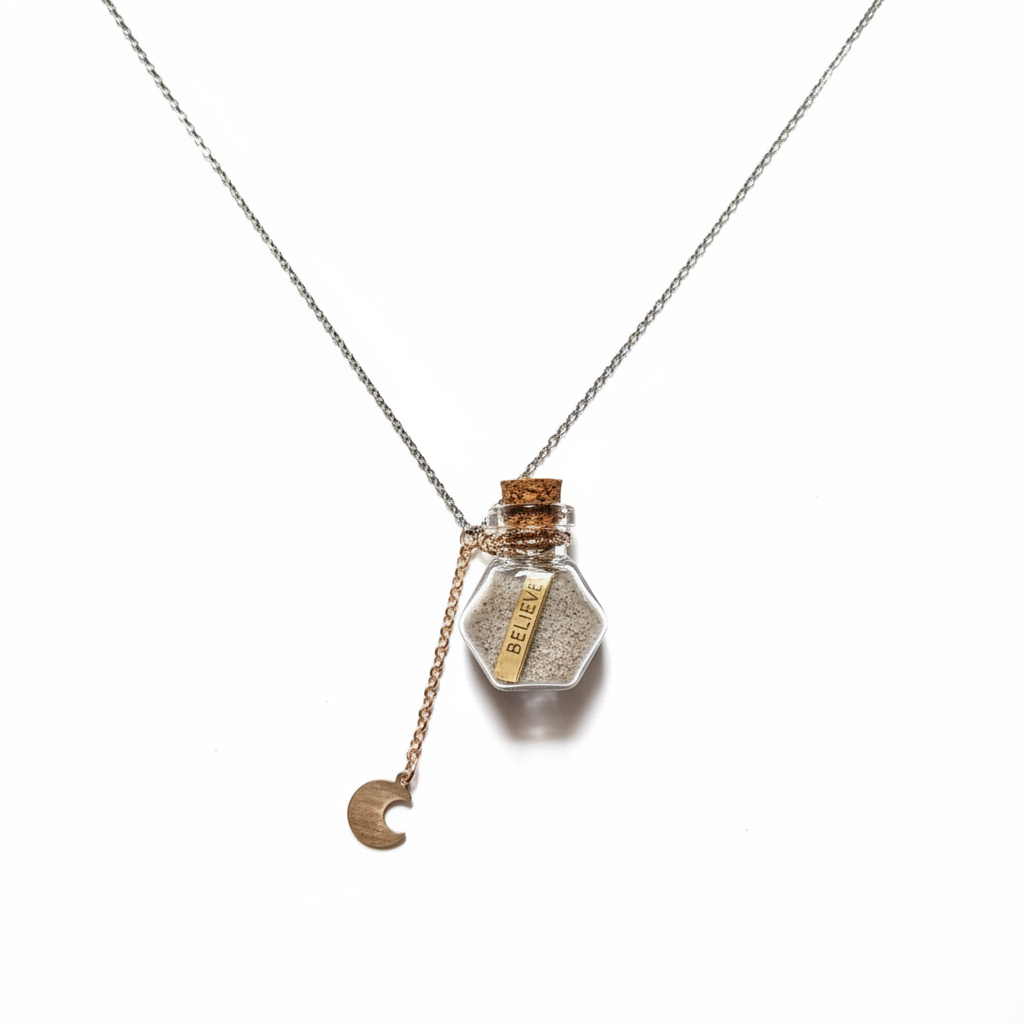 Collana bottiglia BELIEVE con sabbia sfondo bianco