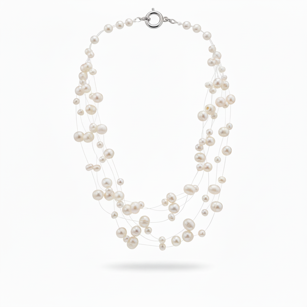 Collana perle bianche multi-filo nylon su sfondo bianco