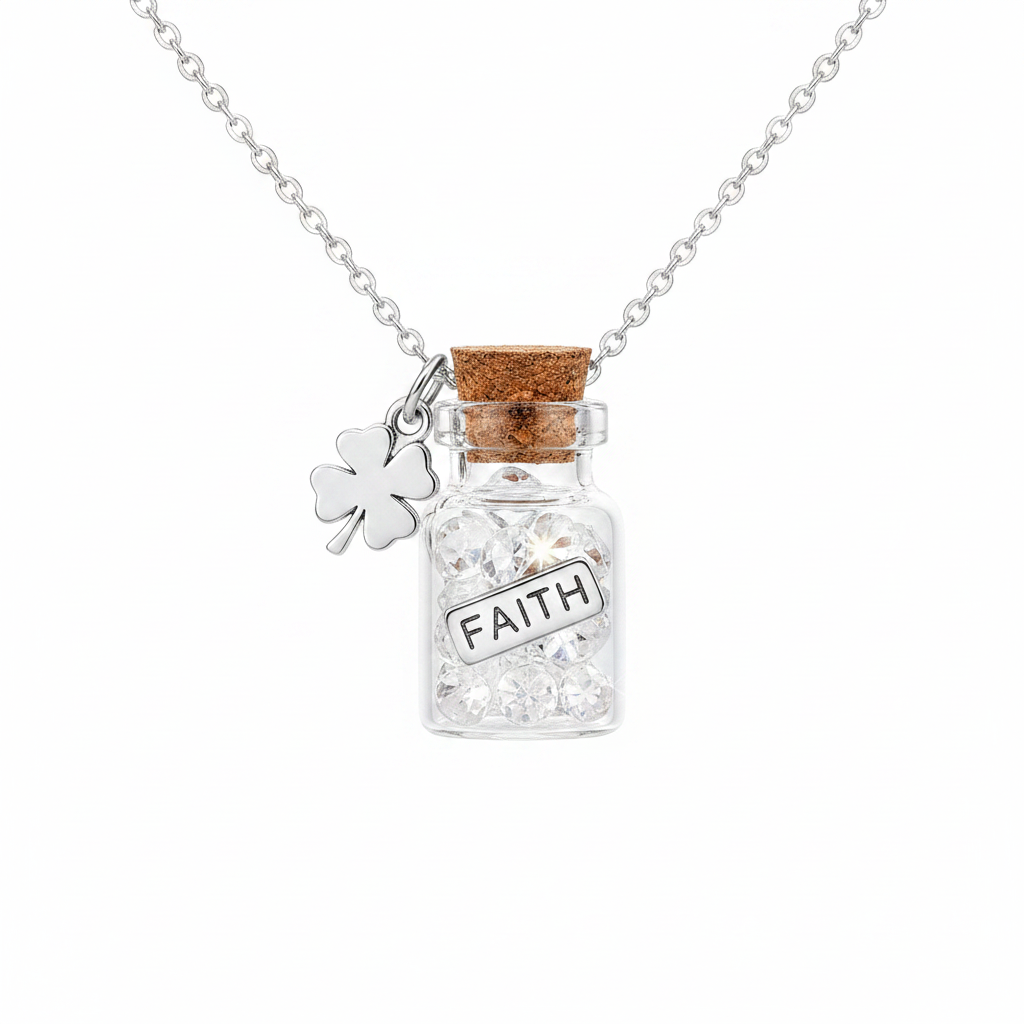 Collana bottiglia FAITH targhetta argento sfondo bianco