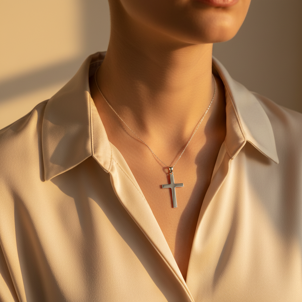 Ciondolo croce piatta lucida argento 925 indossata su collana