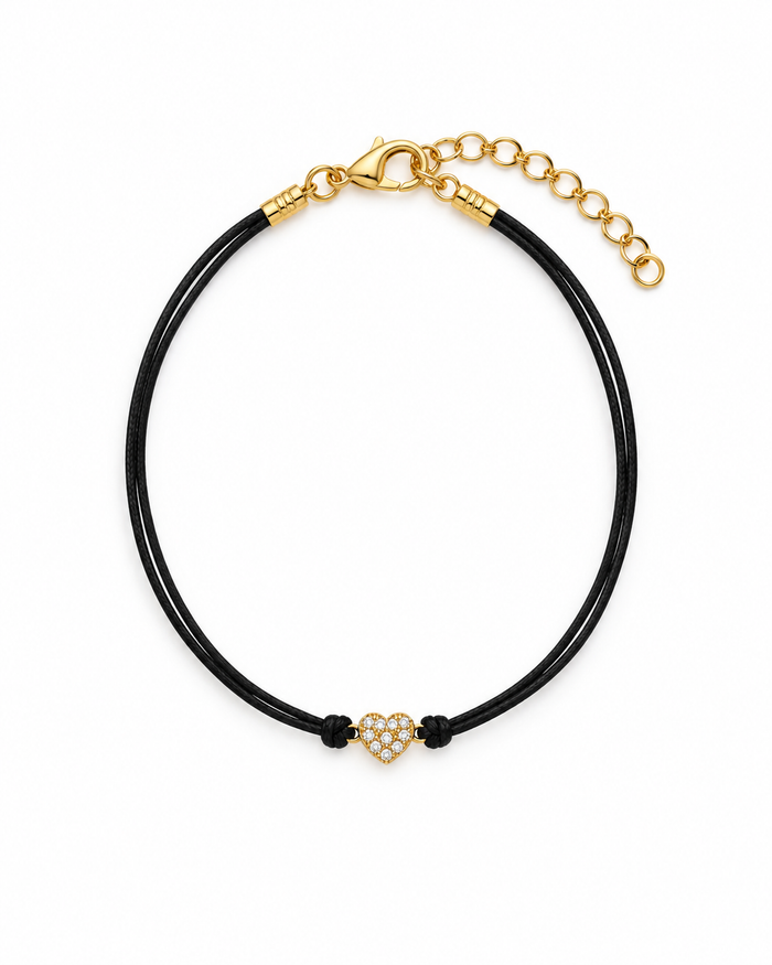Bracciale doppio cordino nero con cuore dorato
