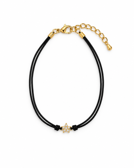 Bracciale a doppio cordino nero con stella dorata e zirconi