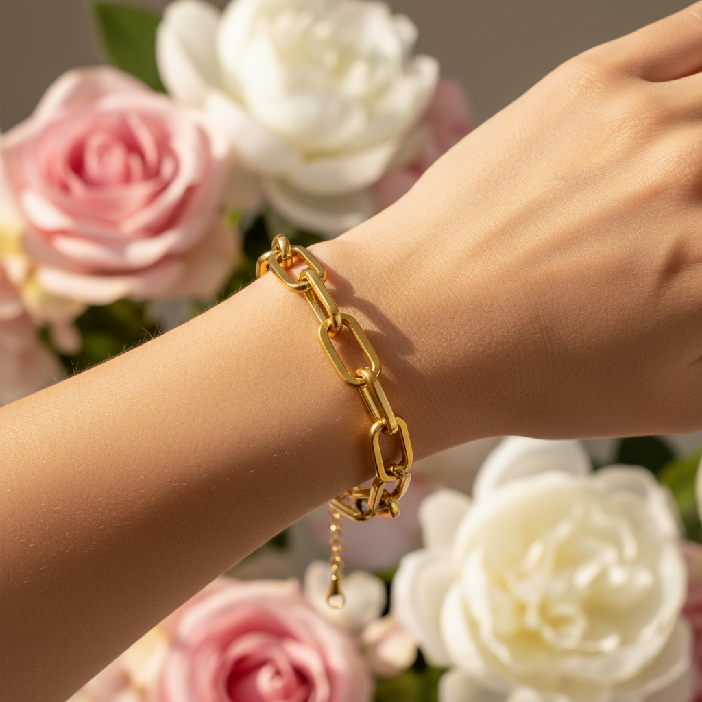 Bracciale dorato indossato con sfondo floreale