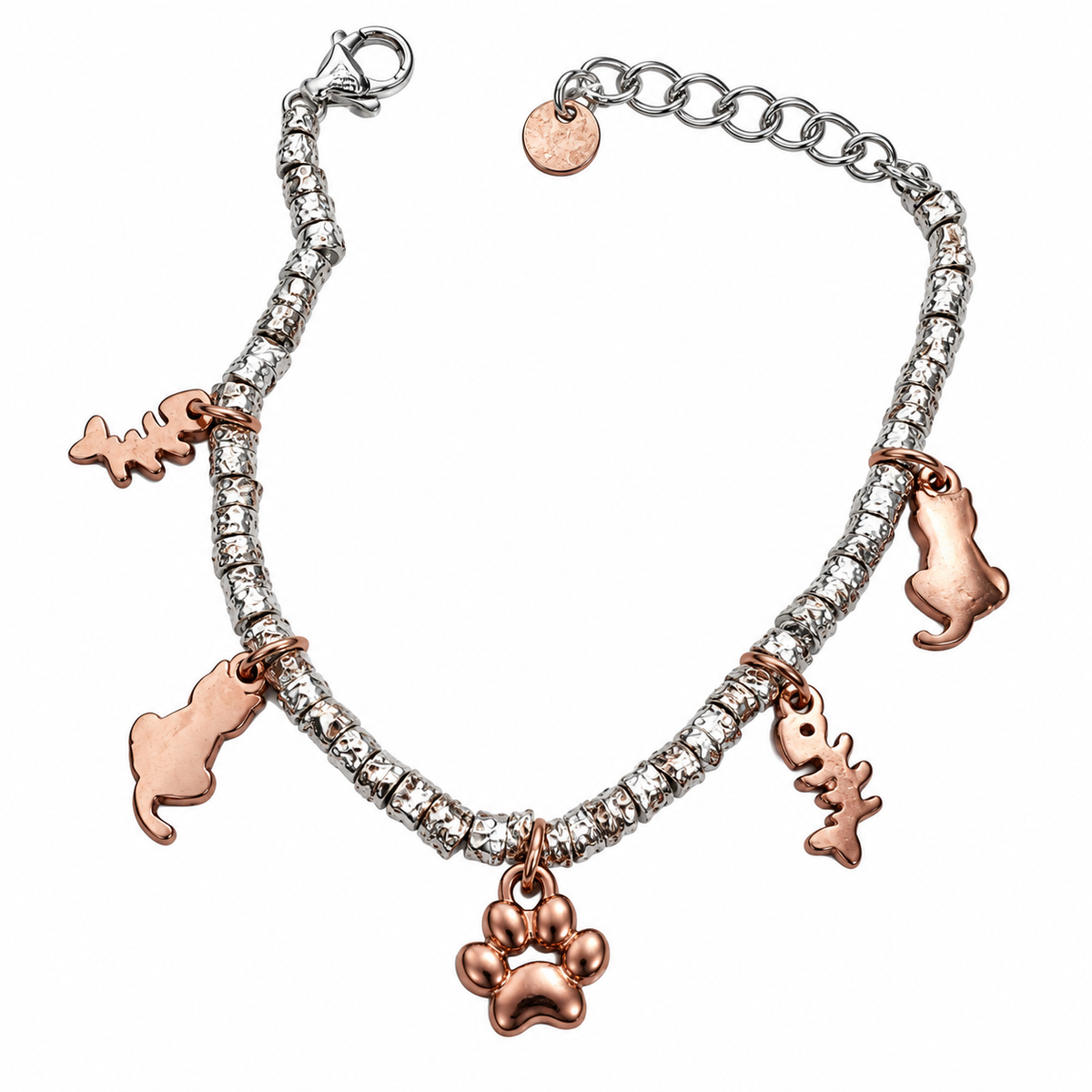 Bracciale con pepite e charm rosé con gatti, lische di pesce e zampa
