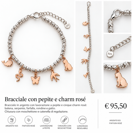Bracciale con pepite e charm rosé