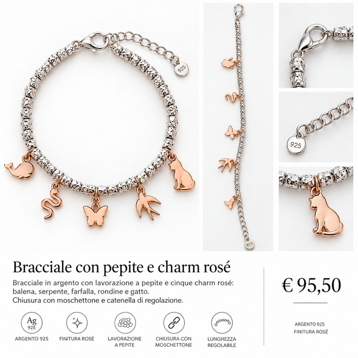 Bracciale con pepite e charm rosé