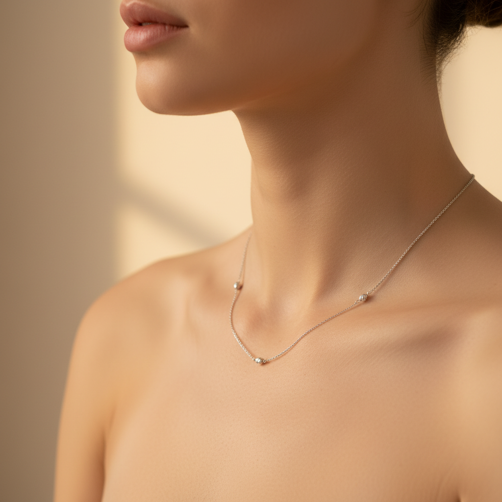 Collana argento 3 sfere ovali diamantate - indossata