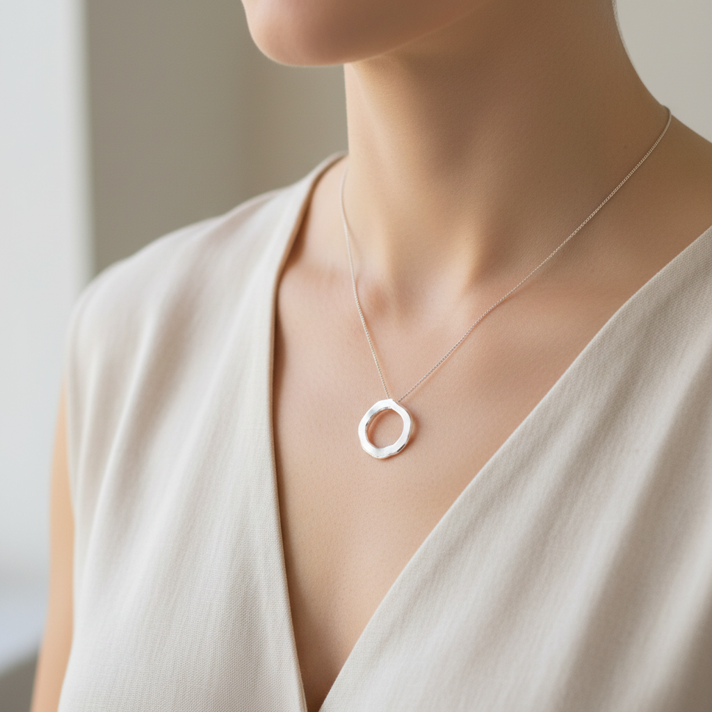 Collana argento cerchio satinato indossata