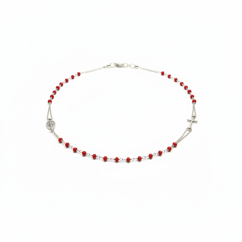 Collana argento rodiato e pietre rosse