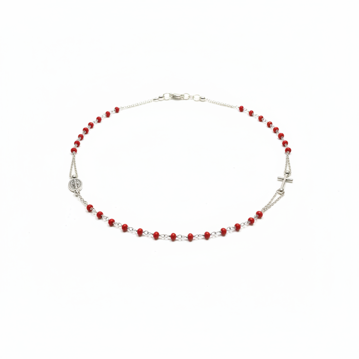 Collana Rosario Argento Rodiato e Pietre Rosse