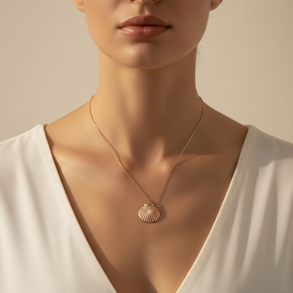 Collana conchiglia rosé indossata quadrata