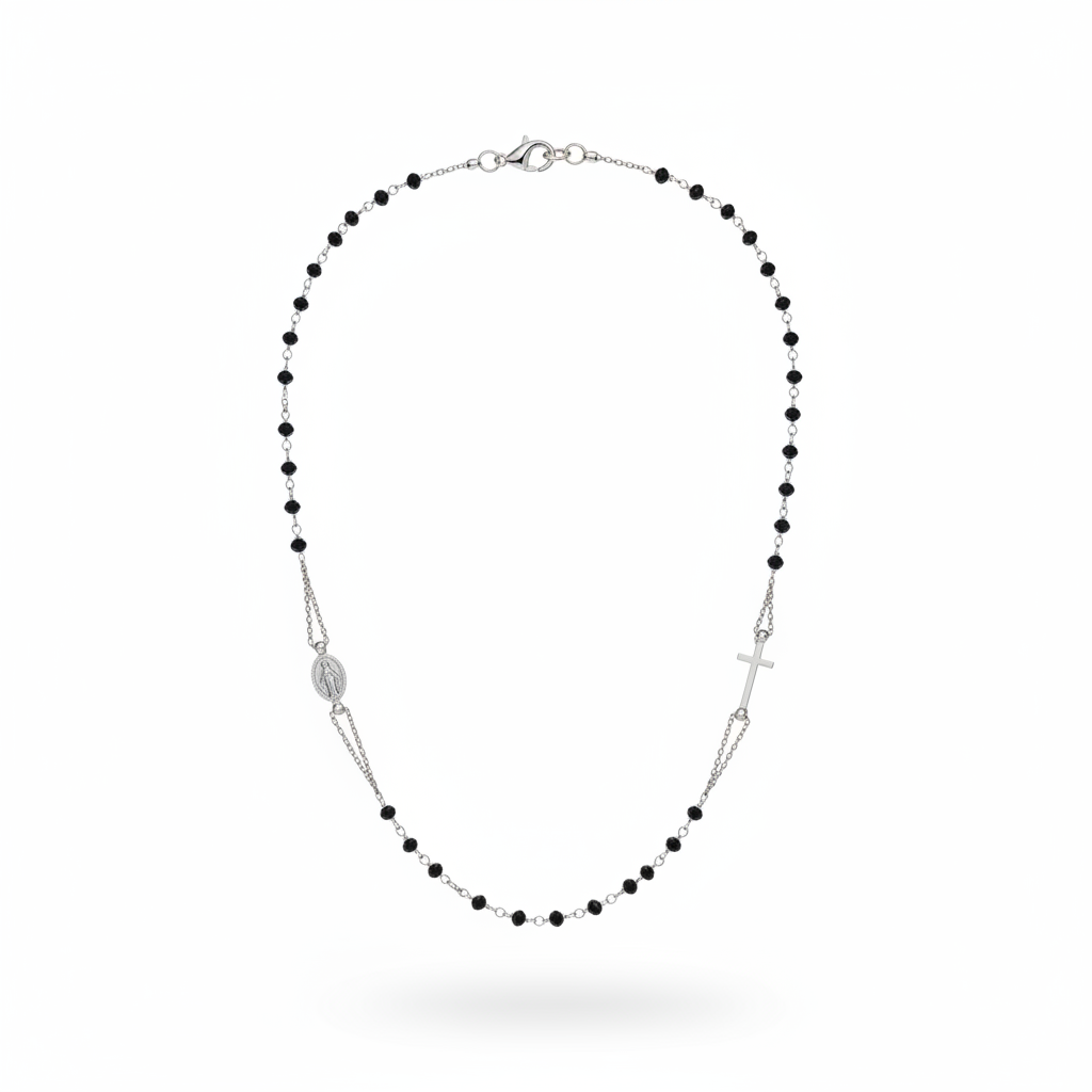 Collana rosario argento pietre nere chiusura moschettone