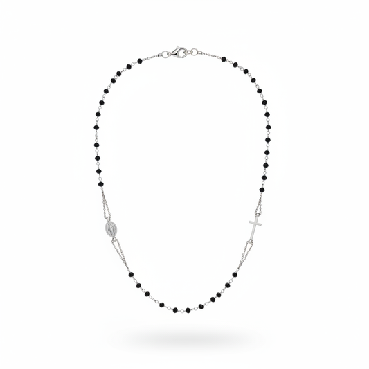 Collana rosario argento pietre nere chiusura moschettone