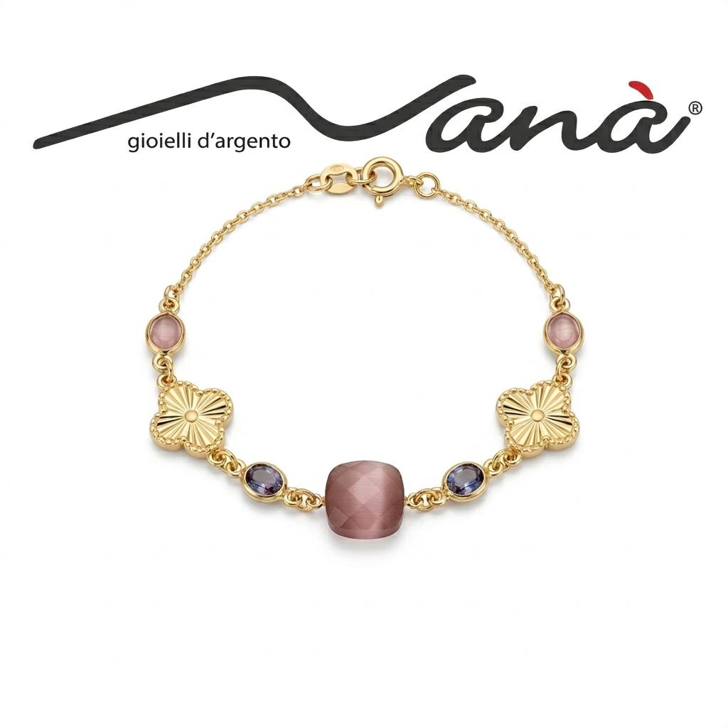 Bracciale Argento 925 Dorato con Pietre e Quadrifoglio