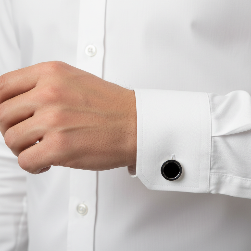Gemelli rotondi bordo argento pietra nera su polsino camicia
