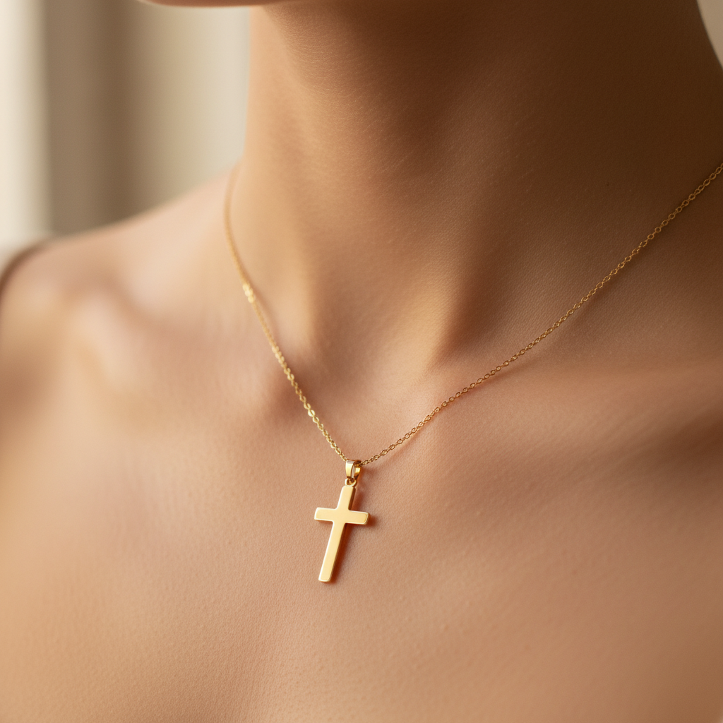 Ciondolo croce piatta lucida dorata argento 925 indossata su collana
