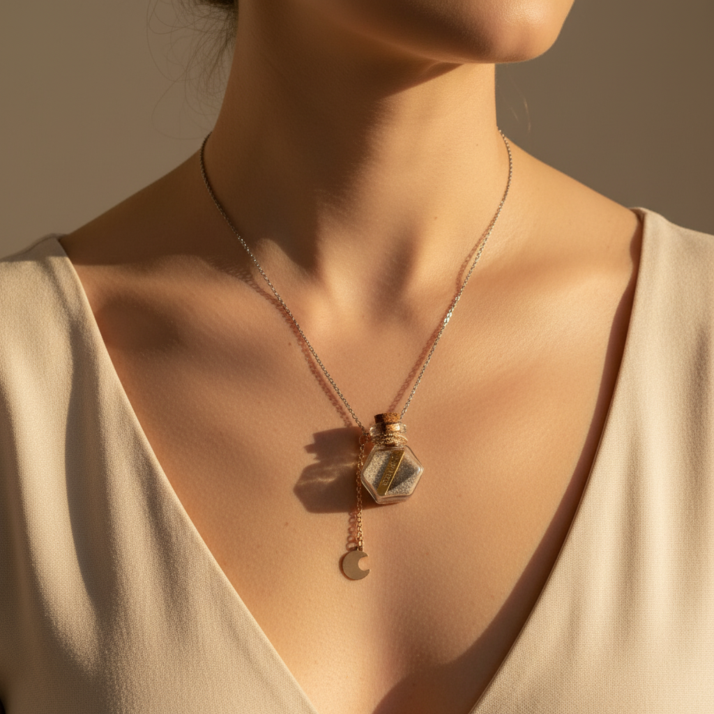 Collana bottiglia BELIEVE con sabbia indossata