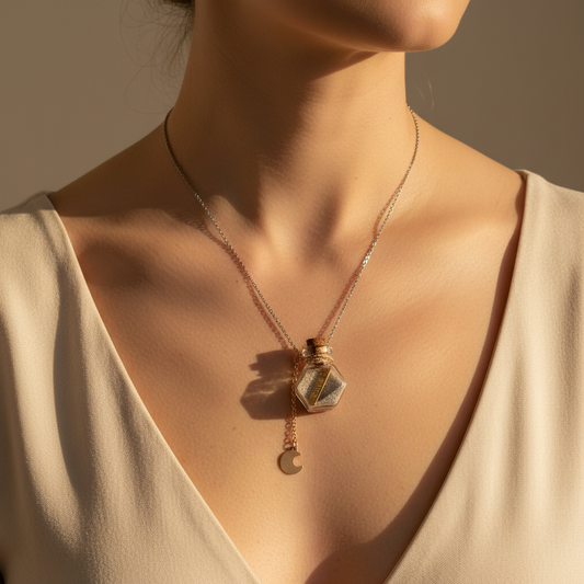 Collana bottiglia BELIEVE con sabbia indossata