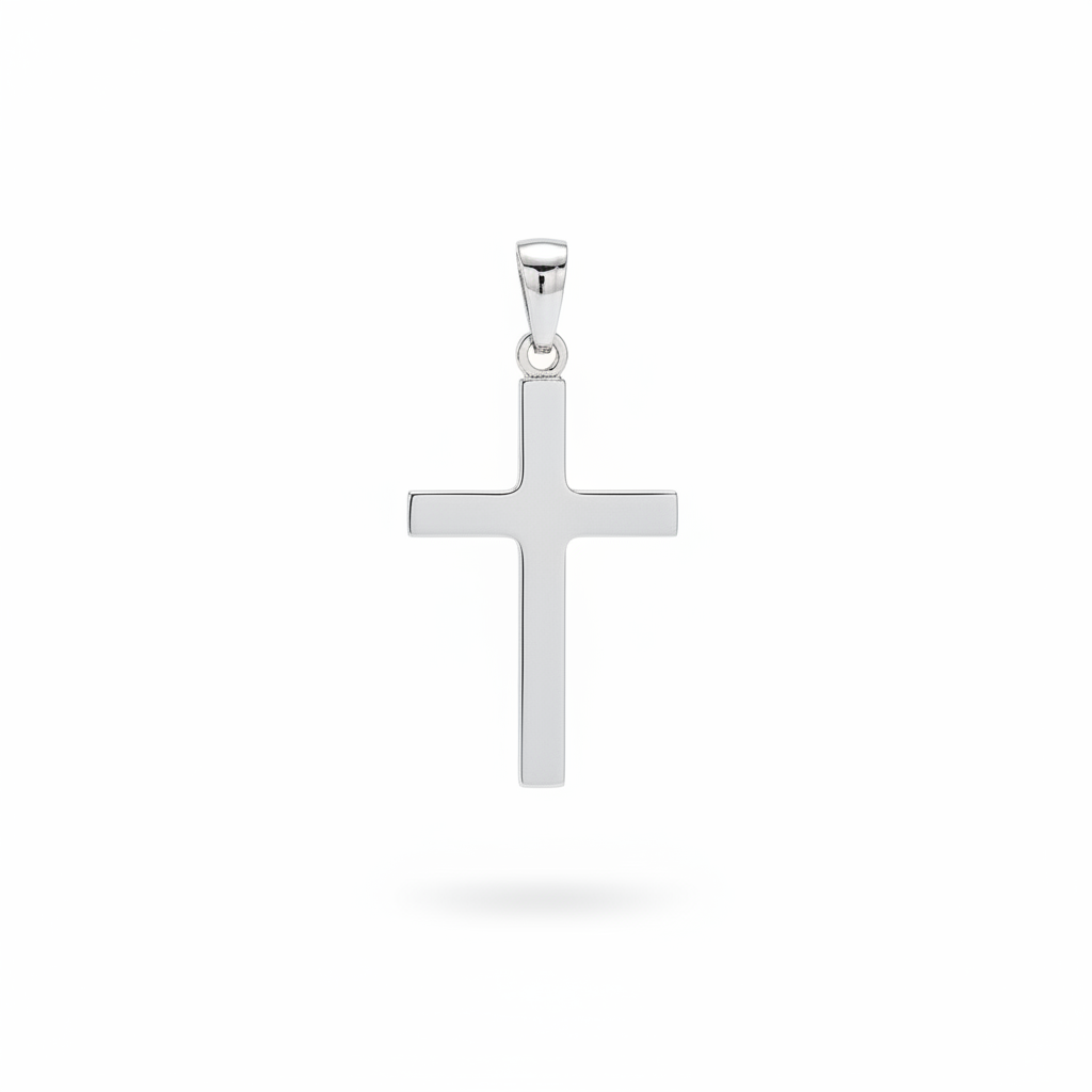 Ciondolo croce piatta lucida argento 925 su sfondo bianco sospesa