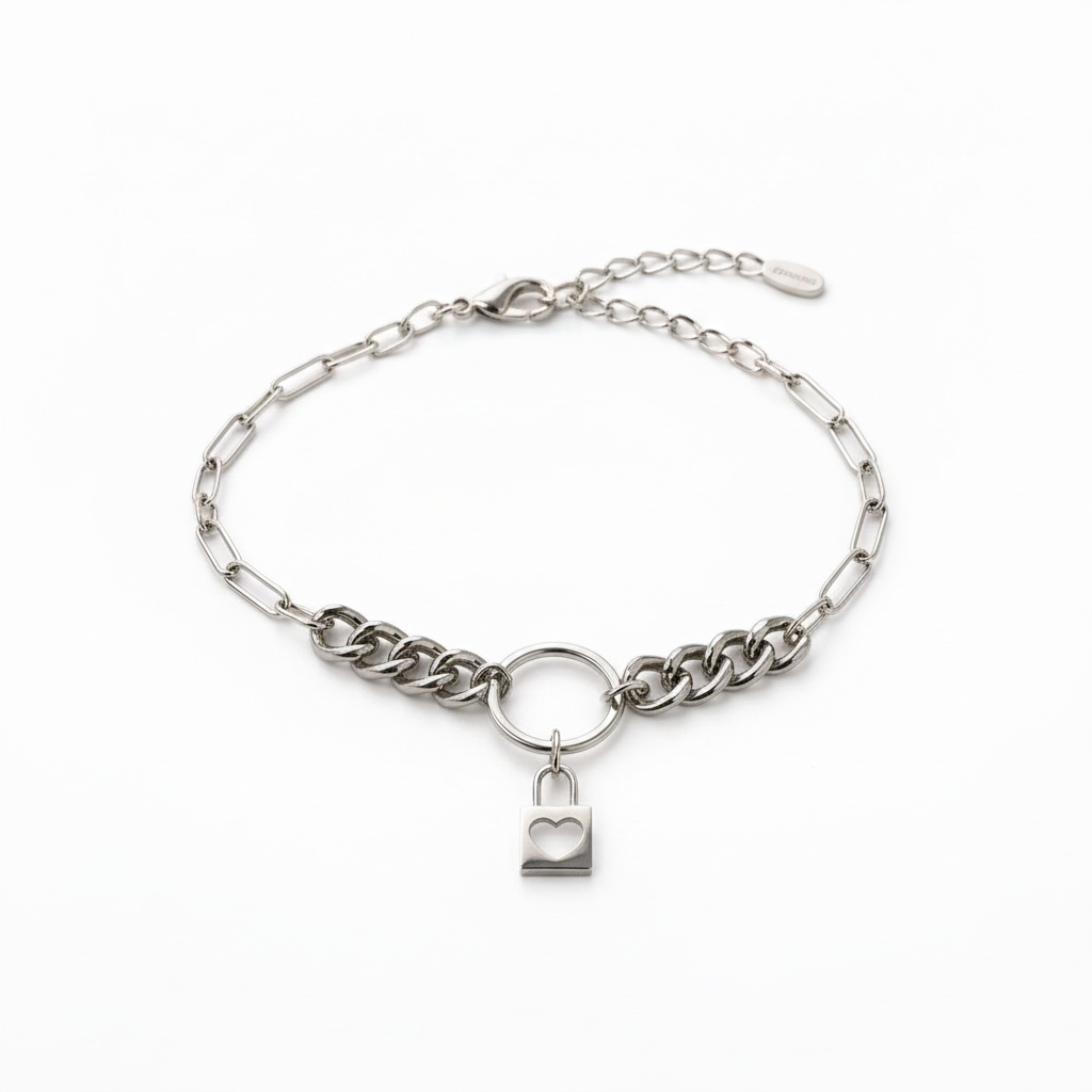 Bracciale Catena Mista con Charm Lucchetto Cuore Argento Rodiato 925/1000 - NANA' Gioielli d'argento