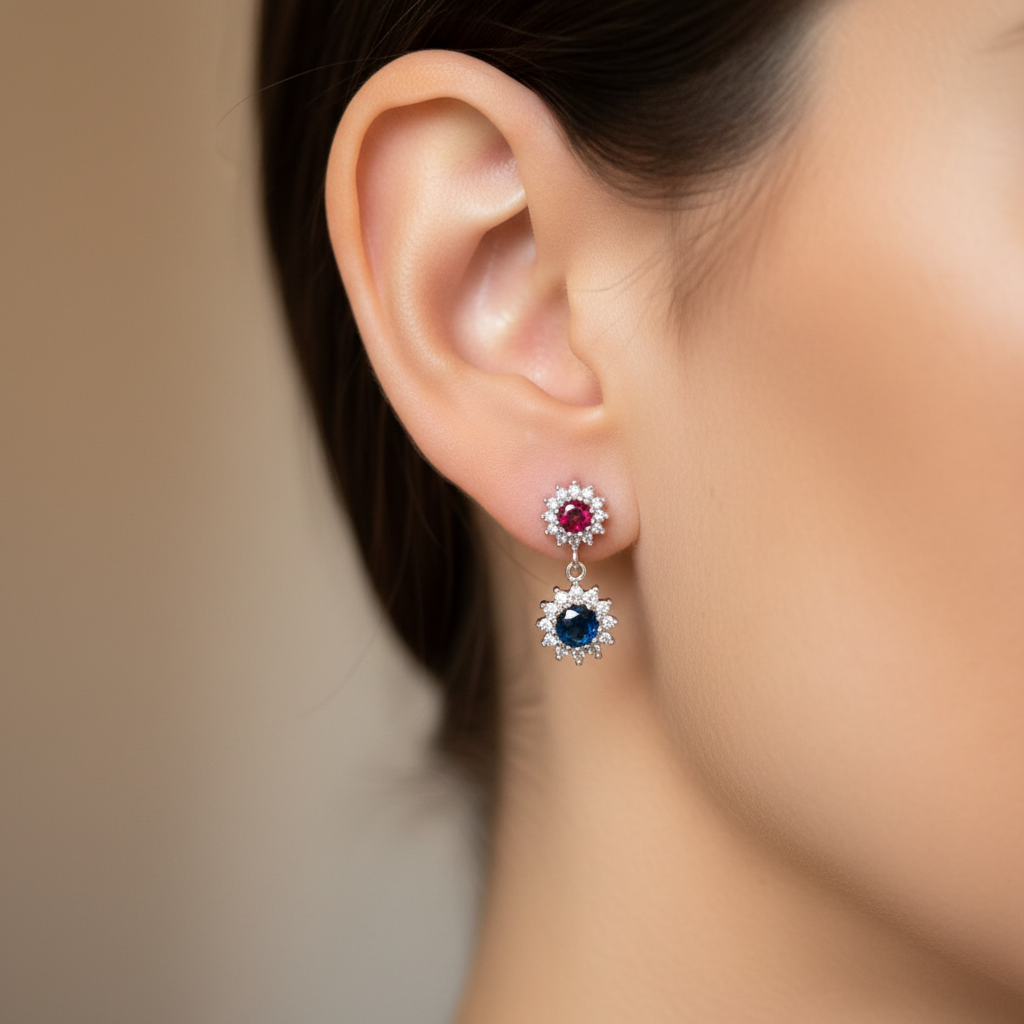 Orecchini pendenti rosso e blu indossati