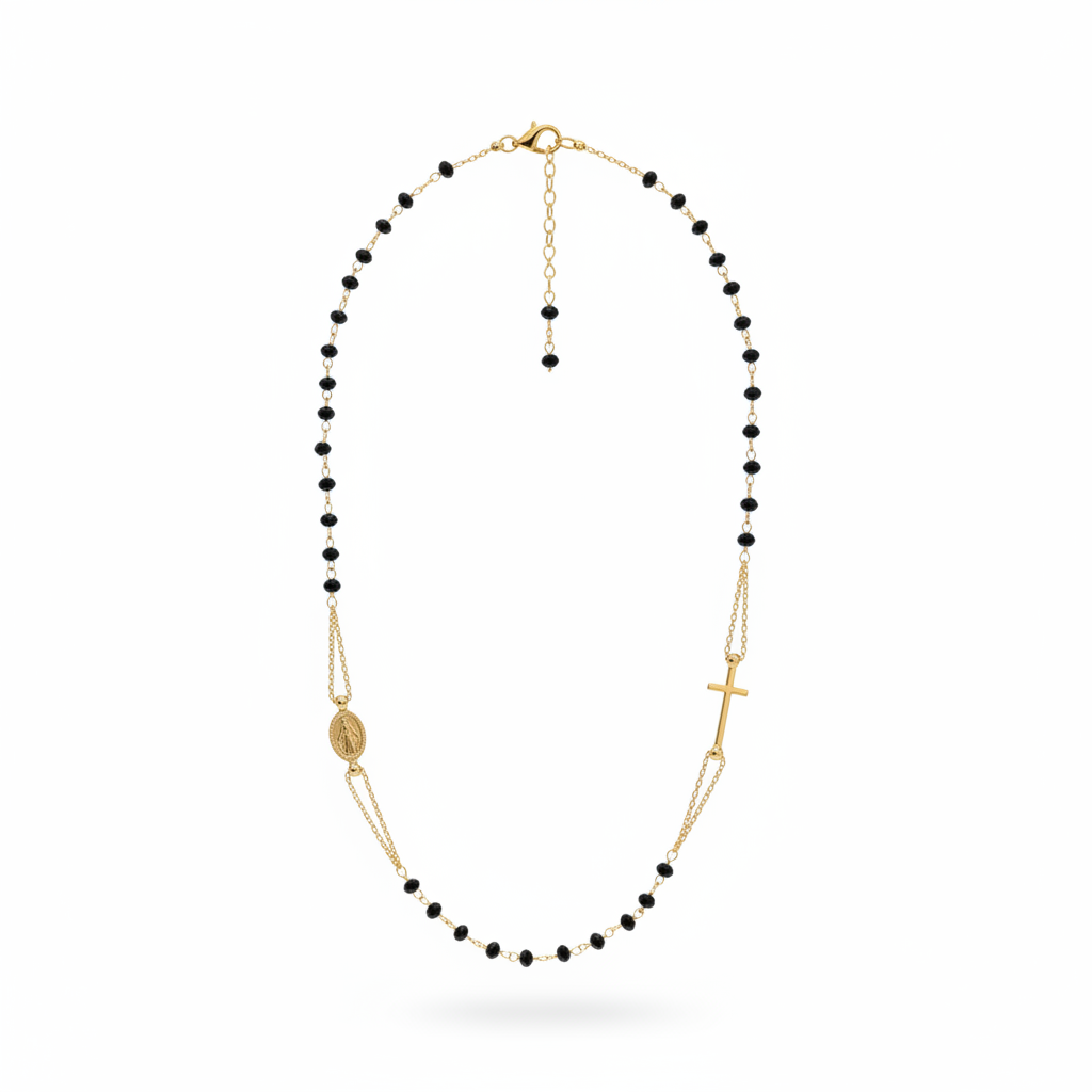 Collana rosario argento 925 dorata pietre nere cm.50