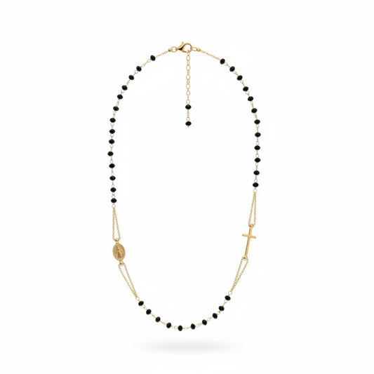 Collana rosario argento 925 dorata pietre nere cm.50