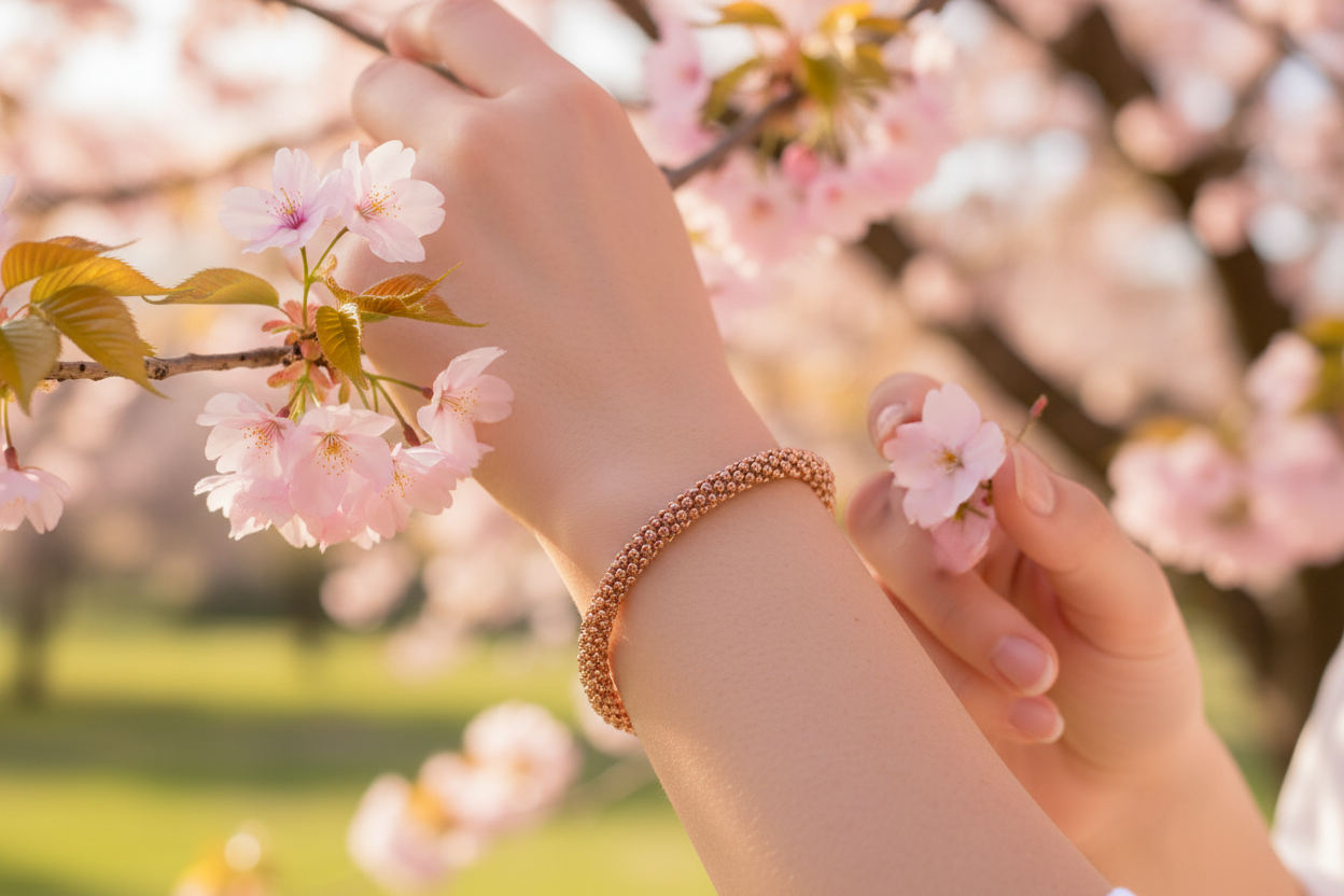 Bracciale Argento Rosè 925/1000 a Maglie Intrecciate indossato sfondo primaverile