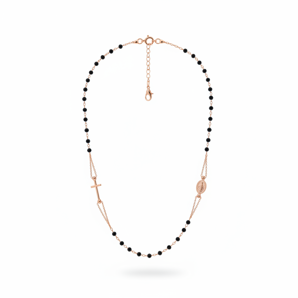 Collana rosario argento 925 rosè pietre nere cm.50