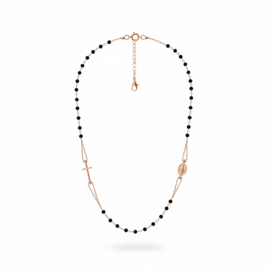 Collana rosario argento 925 rosè pietre nere cm.50