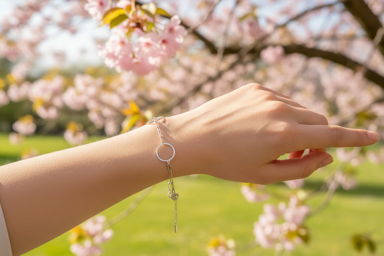 Bracciale Argento 925/1000 Rodiato con Cerchi indossato sfondo primaverile