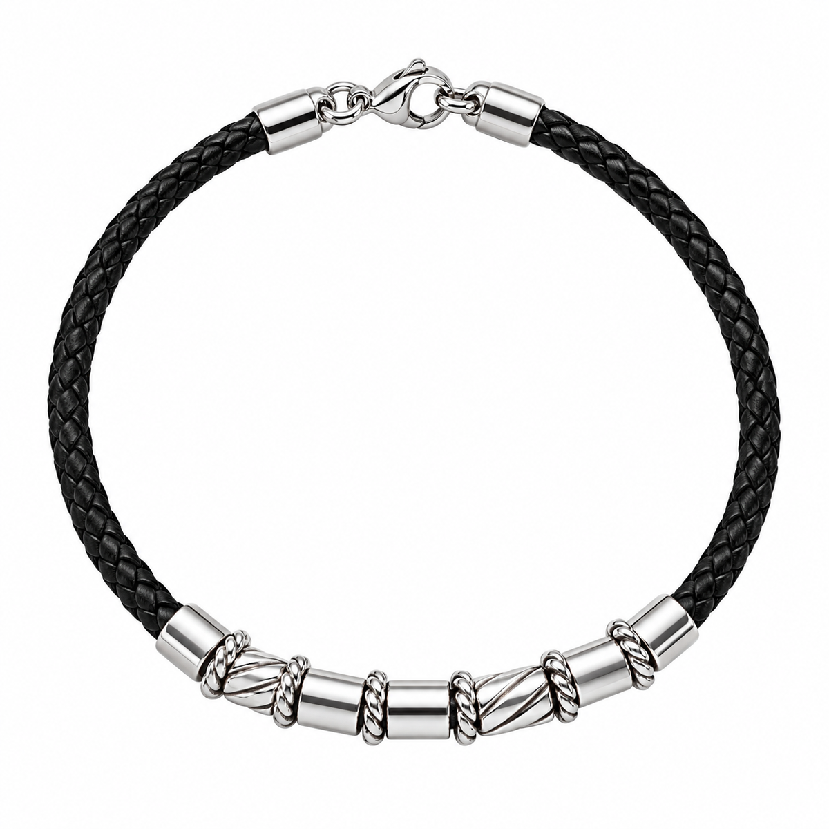 Bracciale in pelle intrecciata nera con elementi argentati – BC4807R
