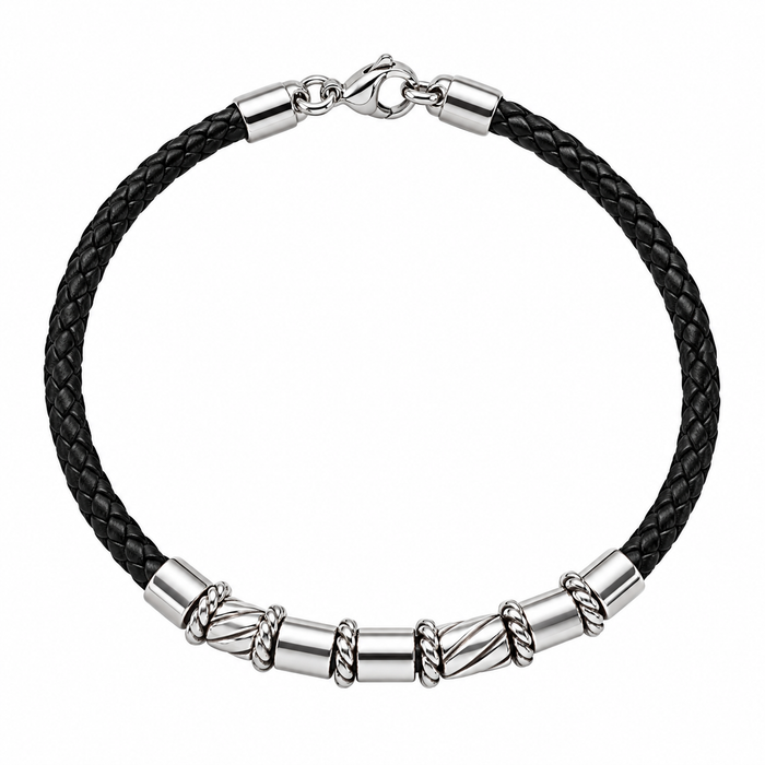 Bracciale in pelle intrecciata nera con elementi argento 925 – BC4807R