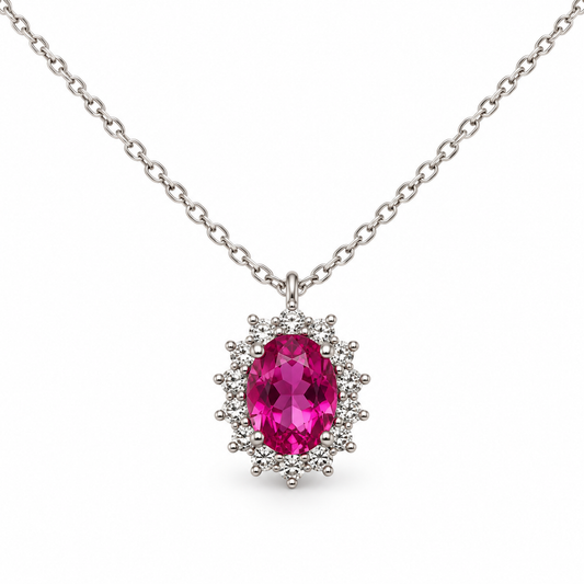 Collana con pendente ovale in argento 925 – Fucsia – foto singola su sfondo bianco