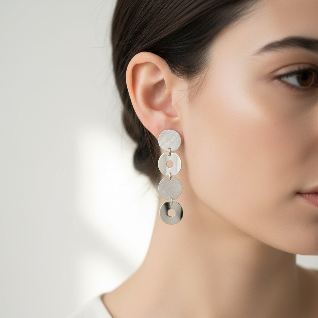 Orecchini argento 3 dischi cascata indossati