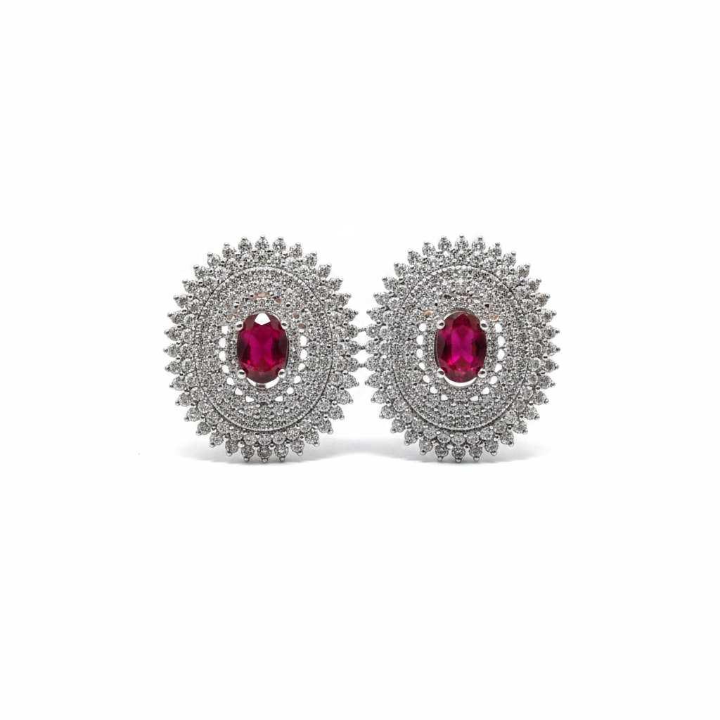 Orecchini Argento 925 Zirconi Pavé Pietra Rossa