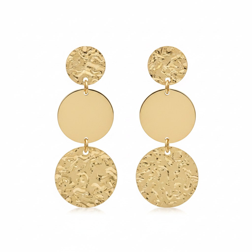 Orecchini dorati 3 dischi martellato-specchio-martellato