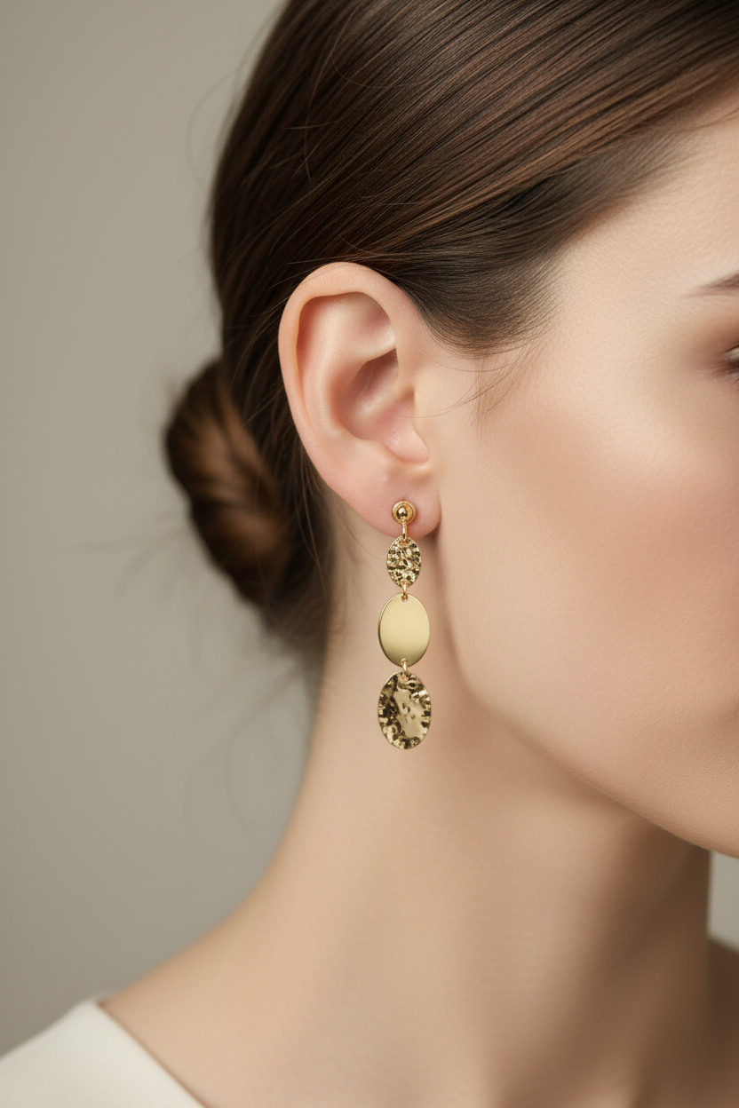 Orecchini dorati 3 ovali indossati