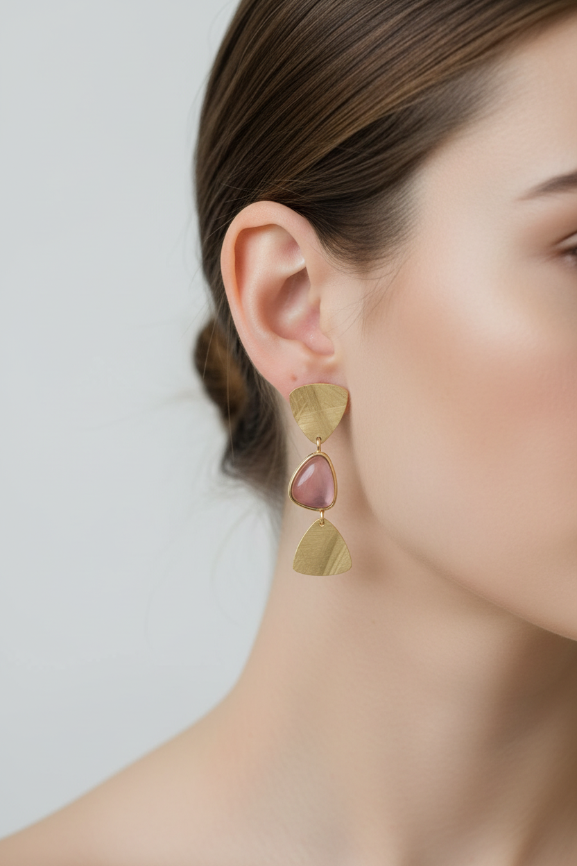 Orecchini oro pietra rosa indossati