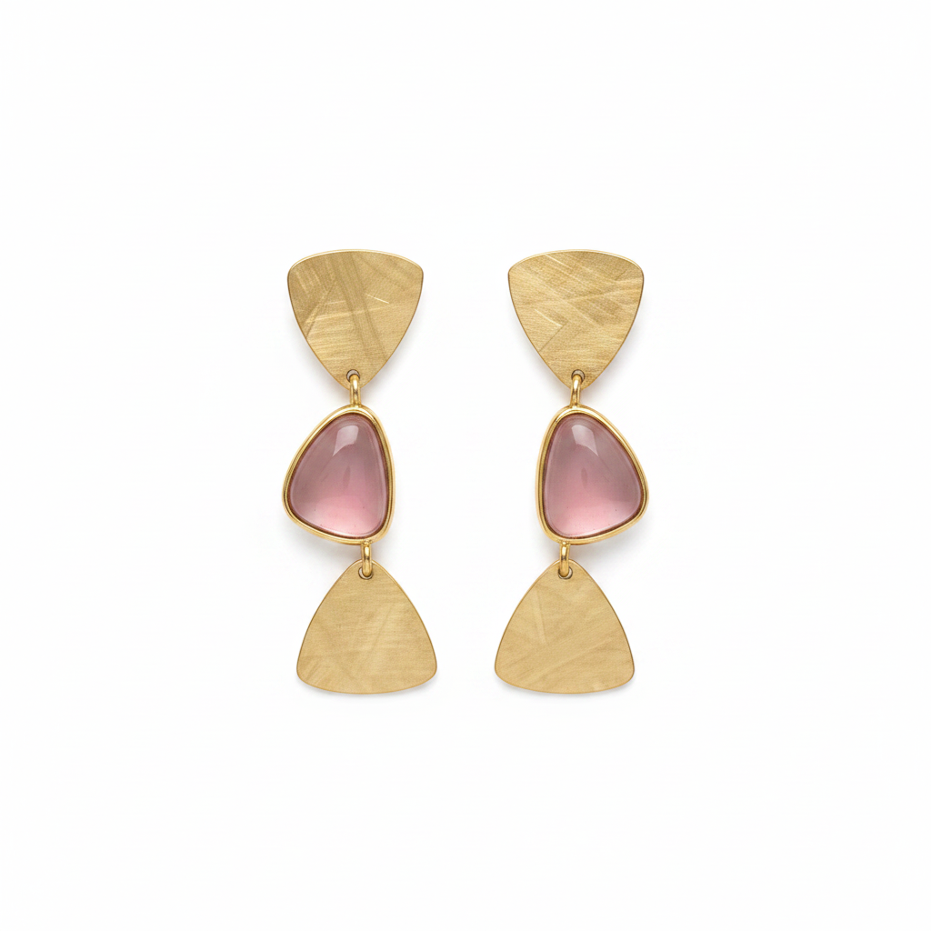 Orecchini oro triangoli pietra rosa
